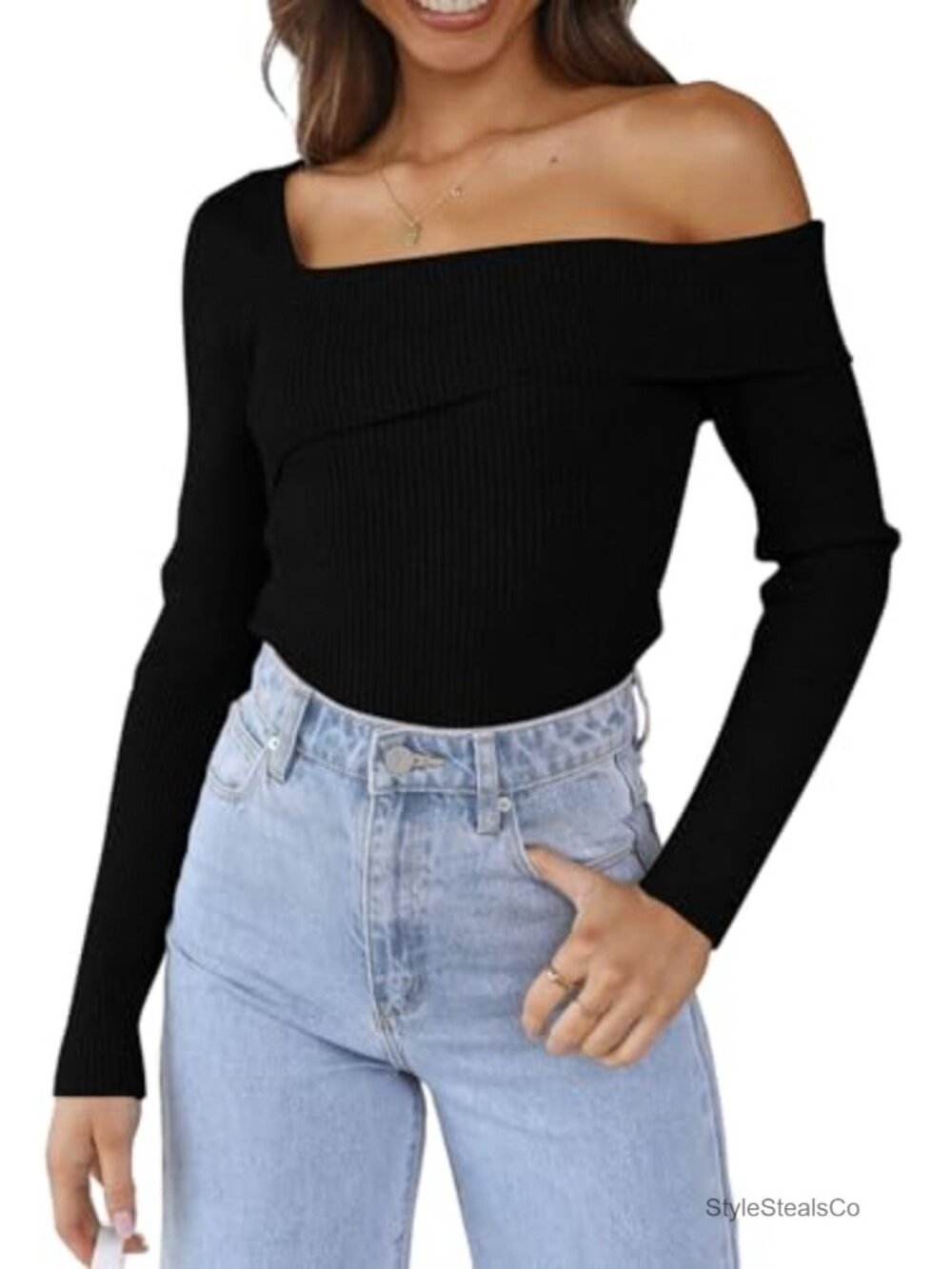 Off Shoulder Ribbed Knit Pullover Sweater Slim Fit Fall Top